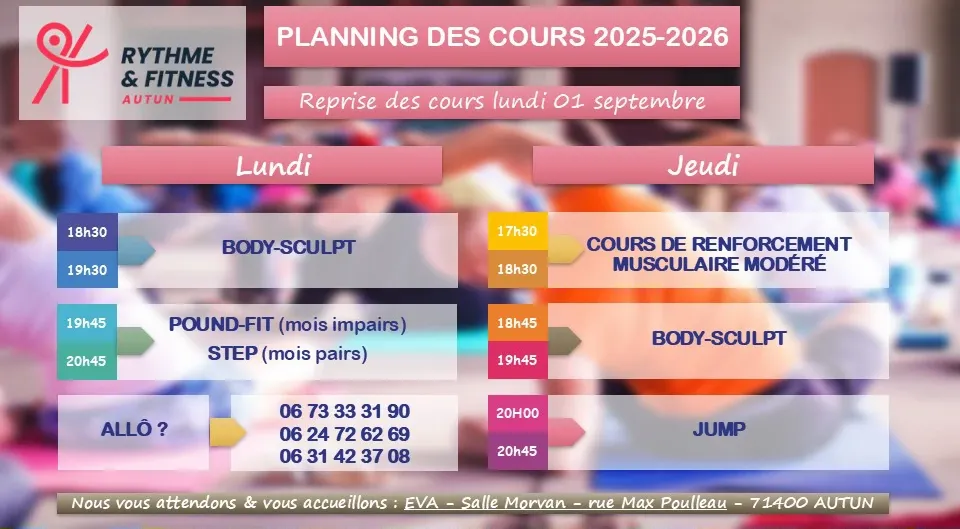 Planning 2025 -2026 des cours chez Rythme et Fitness à Autun